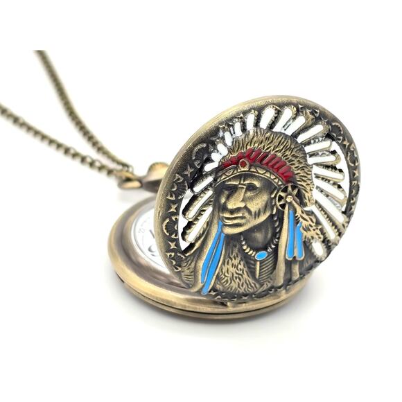 Tribal Chief Pocket Watch - Native American Art, Indian Motorcycle Gift Keepsake - Picture 2 of 9